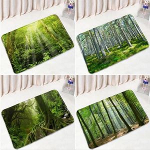 Bath Mats Forest Bathroom Mat Sunlight Natural Landscape Plants Trees Green Leaves Wall Moss Small Creek Doormats Bedroom Non-slip Carpets