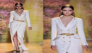 Elie Saab White Split Sukienki Wieczór nosić seksowne głębokie vneck długie rękawy formalne sukienki na bal