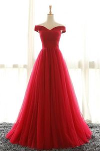 Cheap Off Shoulder Red Tulle Prom Party Dresses 2019 Sweep Train Pleated Plus Size Corset Formal Evening Gowns7196824
