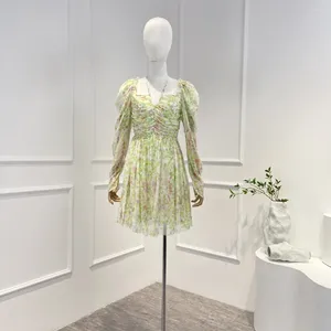 Casual Dresses Spring Summer Arrival Green Silk Floral Ruched Peplum Hem Mini Dress For Women Birthday Clothing Sweet Style