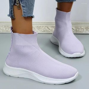 Casual Shoes Platforma oddychająca dzianinowa trampki Kobiety 2024 Autumn Purple High Top Sock Woman Plus Size 43 Slip na mieszkaniu