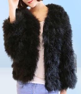 豪華な温かい女性コートオストリッチヘアファーコート女性ショート七面鳥の羽毛ジャケット冬の長袖