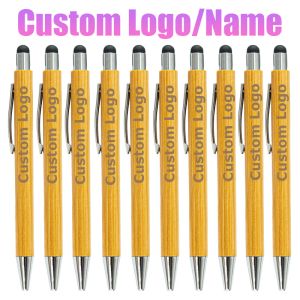 Pens Bamboo Pen Custom Logo Engrave Name Ballpoint Pen With Stylus Tip Black Ink Signature Ball Pen Office School Writing Stationery