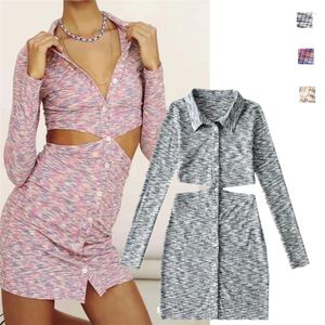 Casual Dresses Fashion Sexy Tight Lapel Single Breasted Retro Hollow-out Midriff Sheath Long Sleeve Dress Short Skirt Hong Kong Style Ins