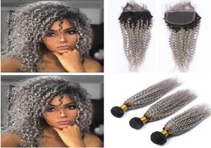Kinky curly 1bgrey ombre malaysiska mänskliga hårbindförlängningar med stängning ombre silvergrå jungfrubuntar med spets closu752618074