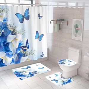 Cortinas de chuveiro 3d Butterfly Conjunto cor de tecido à prova d'água Cortina de banheiro anti-skid tapetes tampa da tampa da tampa da tampa da tampa do tapete