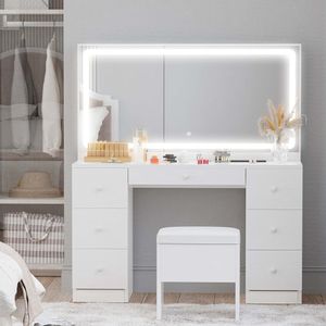 Vanity Desk Set med LED -upplyst spegel Power Outlet, 7 lådor Makeup Vanities toalettbord med avföring, för sovrum, vitt