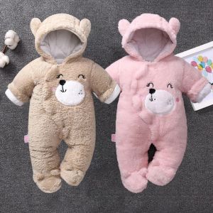 Djur baby onesies plysch pojke tjej bodysuit tecknade filmer söt björn huva fleece spädbarn kläder långärmad spädbarn varm vinter romper