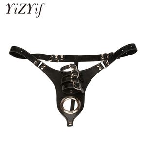Czarne regulowane seksowne skórne majtki C-string stringi z pierścieniami penisa męski Pasek Chastity Bieźdź