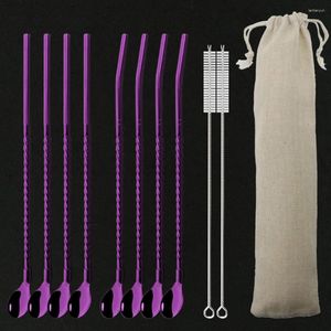 Drinking Straws 8Pcs Metal Reusable 18/10 Stainless Steel Straight Bent Straw With Case Cleaning Brush Set Party Bar Accessory