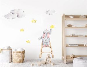 Cute Watercolor Bunny on the Stairs Stars Clouds Removable Wall Decals Nursery Art Stickers Posters PVC Girls Bedroom Home Decor 25105854