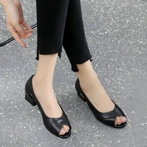 Dress Shoes Black Leather Women's Outdoor For Office Work Summer 2024 Footwear With Medium Heels Sandals Woman Open Toe Thick Heel H F