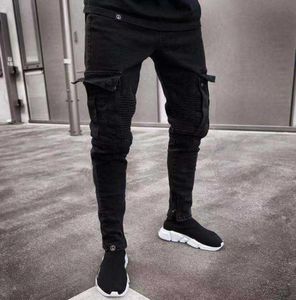 Män mager jeans multipocket slim blyertsbyxor 2021 svart nya manliga overaller gata hiphop moto cykelkläder jeans x06219226918