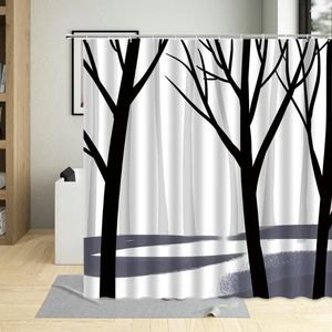 Shower Curtains Trees Branch Trunk Silhouette Hand Drawn Illustration Curtain Art Decor Waterproof Black White Bathroom With Hook