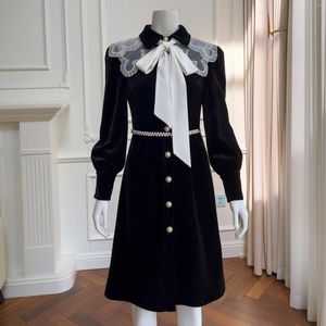 Casual Dresses High-End Fashion Black Dress Women's 2024 Spring Clothes Bow Tie High Waist Slimming Long Sleeve Elegant Lady