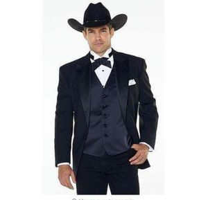 Jakcetpantsvest Notch Lapel Western Cowboy -Herrenanzug Schwarz Bräutigam Kleidung Tuxedos Mann Hochzeitsanzüge für Männer YM4926354