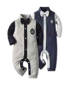 Ins Cotton Gentleman Boys Long Sleeve Romper Bow Tie新生児ロンパースベイビーボーイ服幼児ジャンプスーツ小売b3367952394