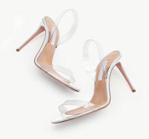 الصيف العلامات التجارية الشهيرة Aquazzuras PVC Womens Sandals So عارية Plexi Sandal Heels Crysta Buckle Party Wedding Dress Shoes Heel Back S6077281
