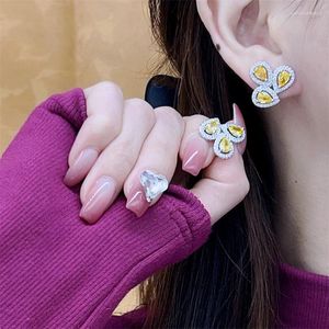 Stud Earrings High-end Retro Drop-shaped Golden Zircon Sweet And Simple 925 Silver Needle Hypoallergenic Full Of Diamonds