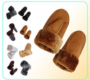 Women Sheepskin Mittens Gloves Thicken Wrist Fingerless Warm Winter Mittens 6 ColorsTrim Fur Leather Woolen Gloves for Hiking Ridi6016261