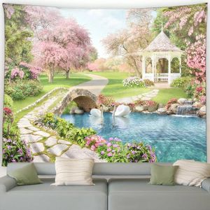 Tapestries Garden Landscape Tapestry Pink Cherry Blossom Trees Flowers Plant Stone Bridge Swans Nature Scenery Home Room Decor Wall Hanging