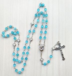 Blue Opal Rosary Necklace Long Metal Catholic Prayer Jewelry For Men Women7375876