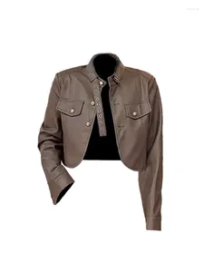 Damenjacken Leder Jacke Mantel Harajuku Vintage Koreanisch Langarm Brown Motorrad Streetwear Außenbekleidung 2000er Jahre 2024