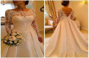 Long Sleeve Spring Brautkleider 2015 Crew rückenfrei eine Linie Satin Stoff Brautkleider Vintage Church Hochzeitskleid Custom MA8969998