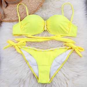 Kadın mayo 2xl sarı sütyen bikini set plaj giyim 2 adet mayo kadınlar seksi yüzme takım elbise bandeau mayo 2024