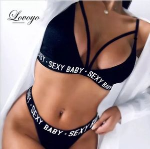 Sexy Letter Threepoint Anzug Frauen Sportunterwäsche Set dünne Rückenless Bikini Bade Frauen 240408
