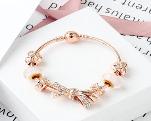 Strands Fashion Gold Rose Shining Bow Bracelet 1820cm Love Charm Jóias de contas de vidro Whole2273160