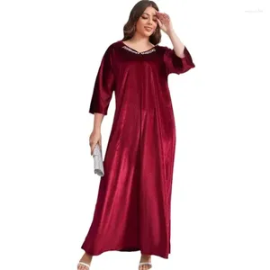 Etniska kläder Bourgogne Muslim Abaya Gold Velvet Big Size pärlor Löst maxi afrikanska klänningar för kvinnor 2024 Evening Wedding Party Long Dress