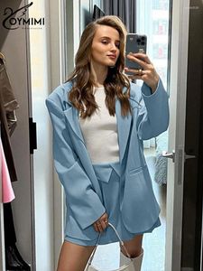 Vestidos de trabalho Oymimi Moda Blue solta 2 Peças Defesa de mulheres 2024 Elegante Lapel de manga longa Blazer com Mini Shairas de cintura alta fêmea feminina