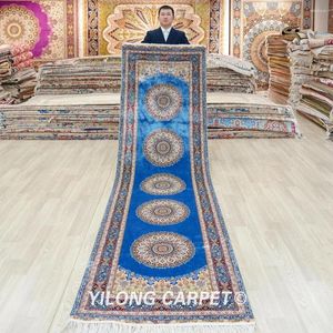 Carpets 3'x10' Persian Silk Gallery Runner Blue Exquisite Hand Knotted Oriental Rug (TJ345A)