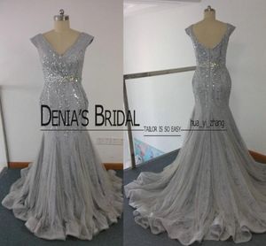 2017 Grey baile vestidos sereia / decote de decote de decote de decote de miçangas sobre o tulle de renda para o tribunal de renda vestidos de noite imagens reais7430192