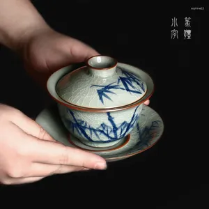 Set di stoviglie jingdezhen blu e bianco porcellana tre talenti copri ciotola pura set di tè in ceramica dipinti a mano