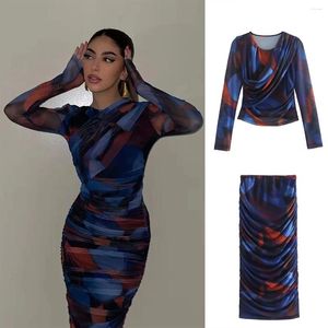 Casual Dresses Mosimolly 2024 Sexig Print Dress Mesh Se genom Party Club Two Pieces Set BodyCon Daydress Ruffle