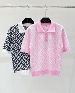 24女性用Tシャツラペルダブルフラワーフルプリントニット短袖Tシャツレトロシンプル409