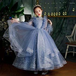 Girl Dresses Girls 'Dress 2024 Flower Long Sleeved Fairy Fluffy Yarn Performance Walk Children's