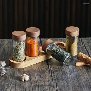 Storage Bottles 4Pcs Set Japanese Glass Seasoning Jar With Acacia Wooden Lid And Tray Kitchen Salt Pepper Spice Bottle Containers