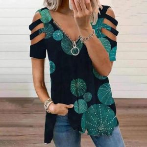 Women's Blouses Printing Vacation Party Tees Loose-fitting Printed Top Stylish Summer T-shirt Collection Zipper V-neck Cold For
