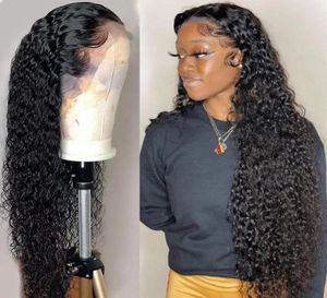 36 -calowe luźne brazylijskie peruki ludzkie włosy przez przezroczystą syntetyczną kręconą koronkową przednią perukę dla kobiet6694226