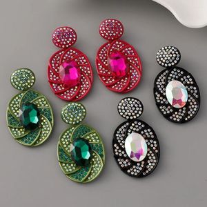 Dangle Küpeler Büyük Oval Çiçek Tam Rhinestones Siyah Yeşil Fuşya Kadınlar Düğün için Damla