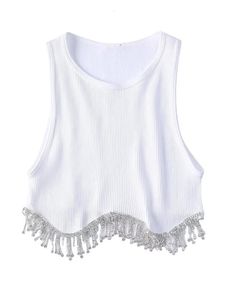High Street Sexig hem Tassel Diamond Beading Knitting T Shirt Chic Short Camis Tank Lady Slim Crop Vest Tops 240403