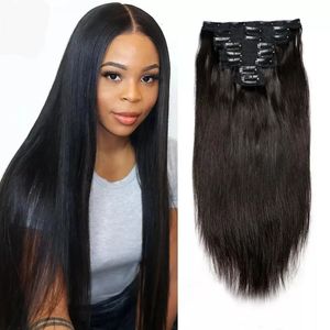 Clip In Hair s Human Brazilian Straight Natural Black Color Ins Remy 20 22 24 26 Inch For Women 240408