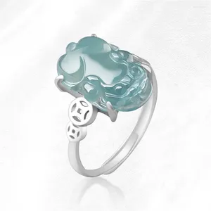 Clusterringe 925 Silber natürlicher Grün Jadeit geschnitzt Pixiu Lucky Finger Ring Verstellbares Zertifikat handgefertigtes Luxus Jade Vintage