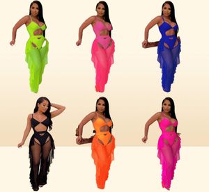 Adogirl Fluoreszenzfarbe Mode gedrucktes Badeanzug Mesh zweiteilige Hollow -out Spaghetti -Gurte BodySuit Swimwear7932393