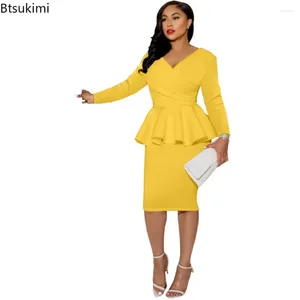 Casual Dresses 2024 Women's Sexy Formal Office Bodycon Dress with Long Sleeve V Neck Ladies Club Party Mini Ruffles Design Vestidos