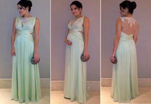 Charming Green Chiffon Evening Gowns Elegant Floor Length Pleat Maternity Dresses 2016 Formal Dresses Applique See Though Back Eve7127876