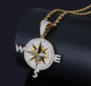 Iced Out Bling Cubic Zircon Compass Necklace Pendant Chain High Quality Hip Hop Gold Silver Color Charm Juvely Gifts6673902